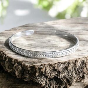 Shiny Sterling Silver Scalloped Open Cuff Bangle Handmade - 5.6mm Wide